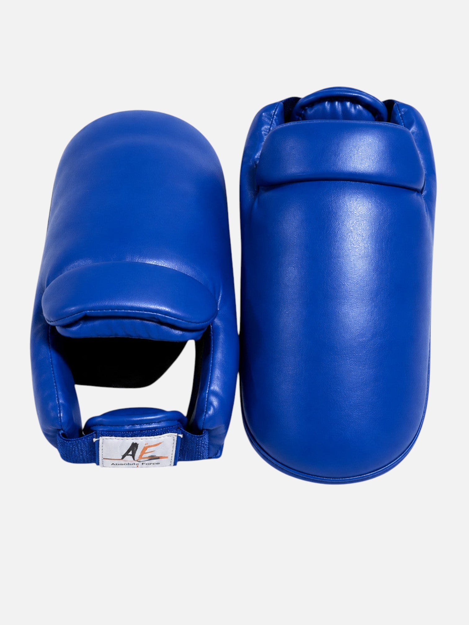 Absolute Force International blue vinyl karate foot guards with foam cushioning and secure strap closure