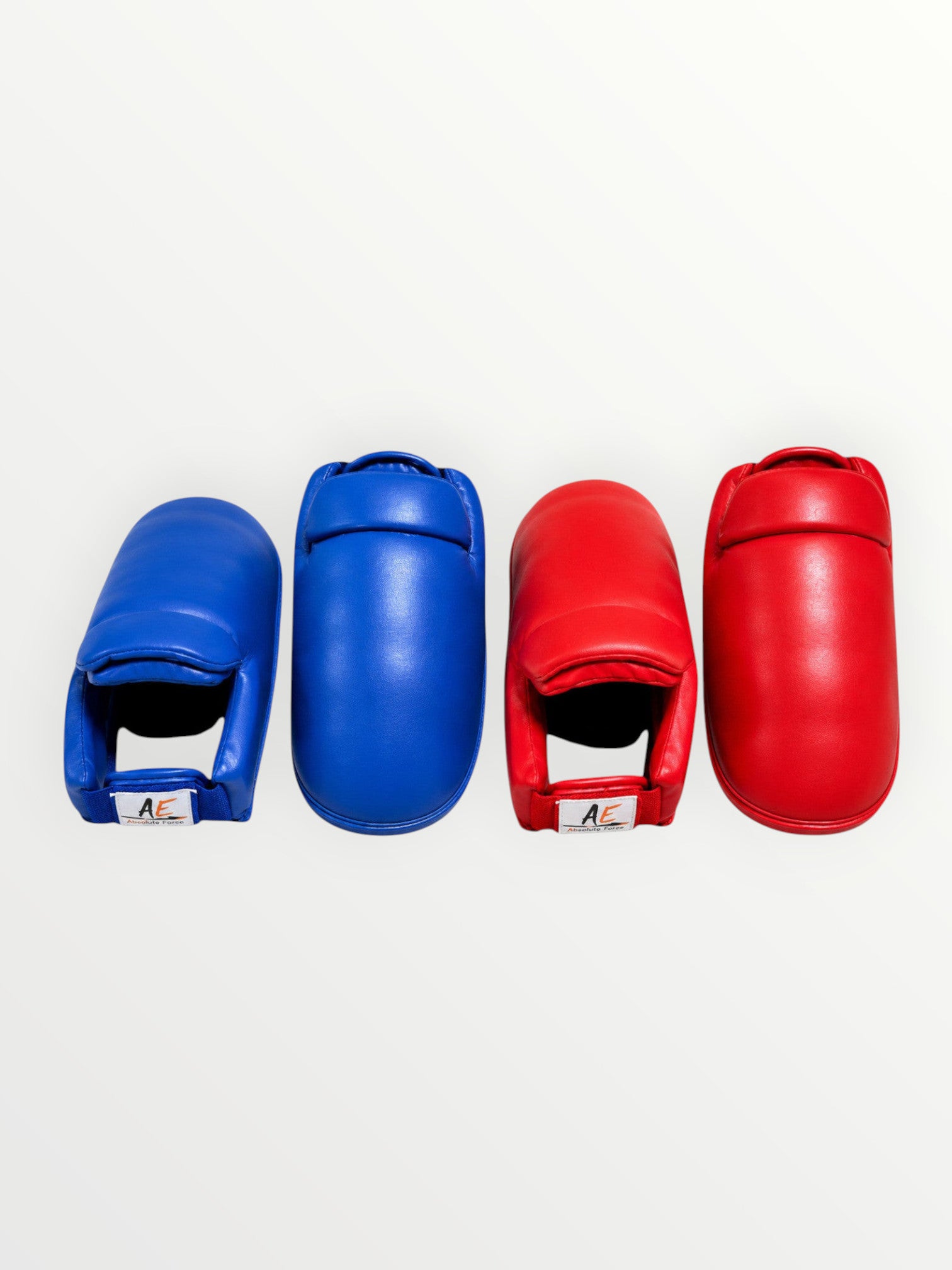 Absolute Force International vinyl karate foot guards in blue and red with foam cushioning for martial arts protection
